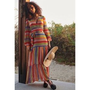 Farm Rio for Anthropologie Luana Rainbow Stripe Belted Flowy Maxi Dress size XS